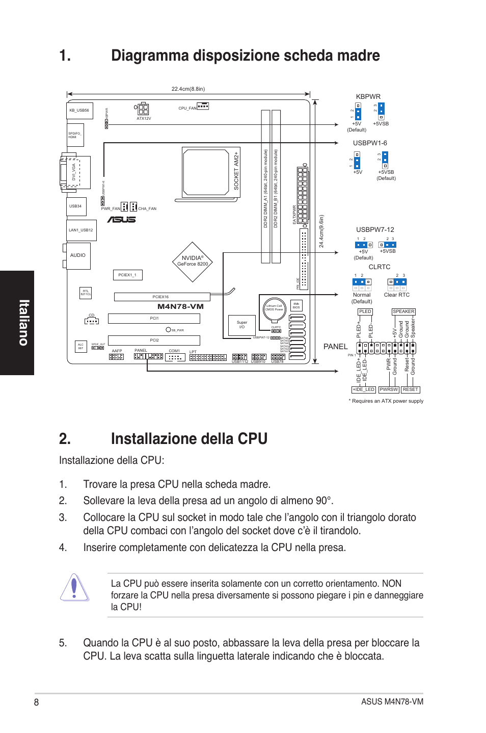 Italiano, Asus m4n78-vm, Panel | Asus M4N78-VM User Manual | Page 8 / 38