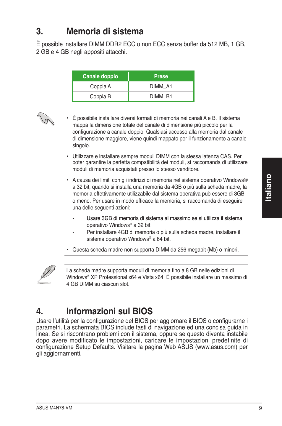 Informazioni sul bios, Italiano | Asus M4N78-VM User Manual | Page 9 / 38