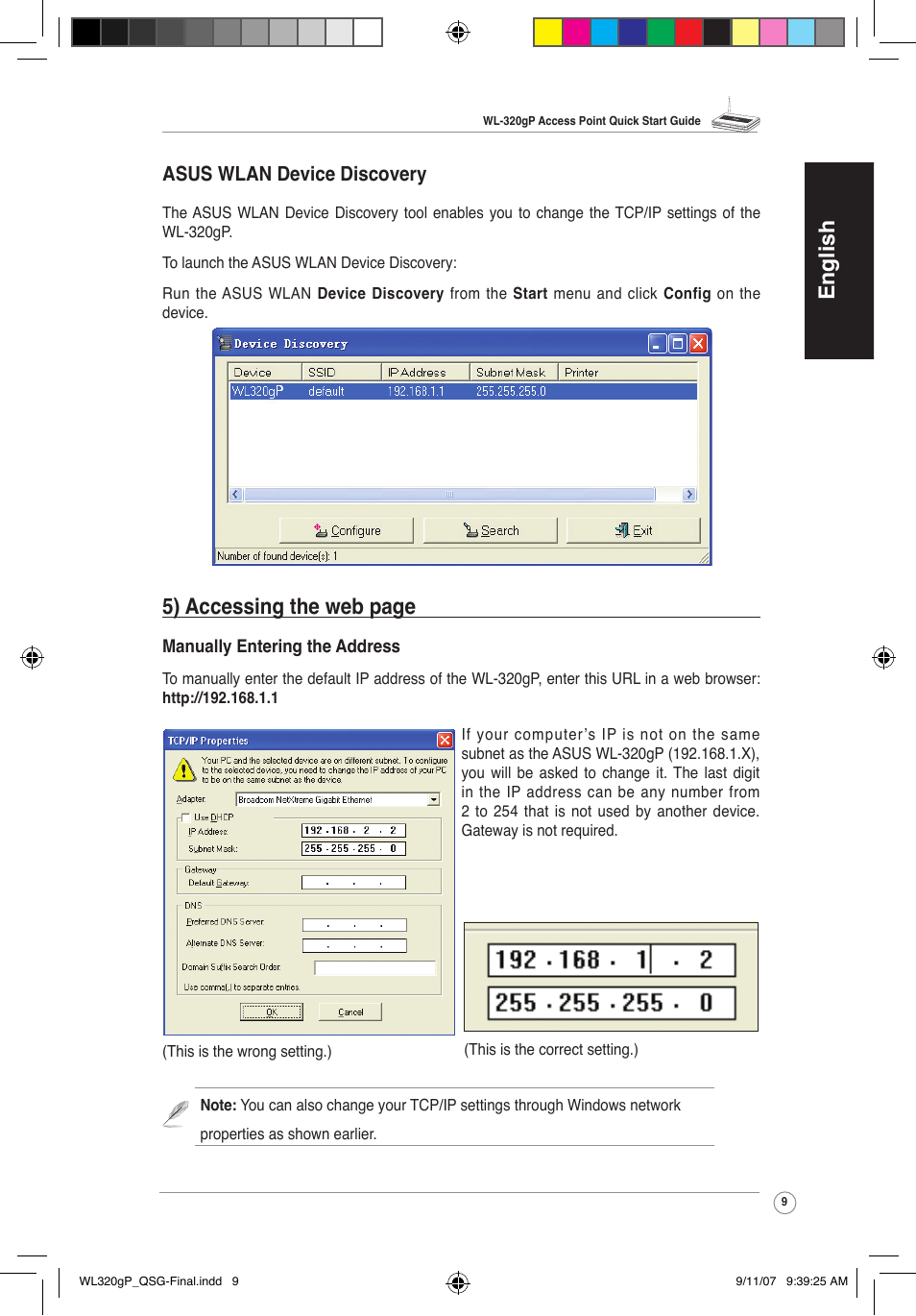 English, 5) accessing the web page, Asus wlan device discovery | Asus WL-320gP User Manual | Page 10 / 361