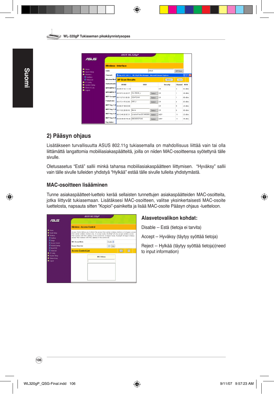 Suomi, 2) pääsyn ohjaus | Asus WL-320gP User Manual | Page 107 / 361