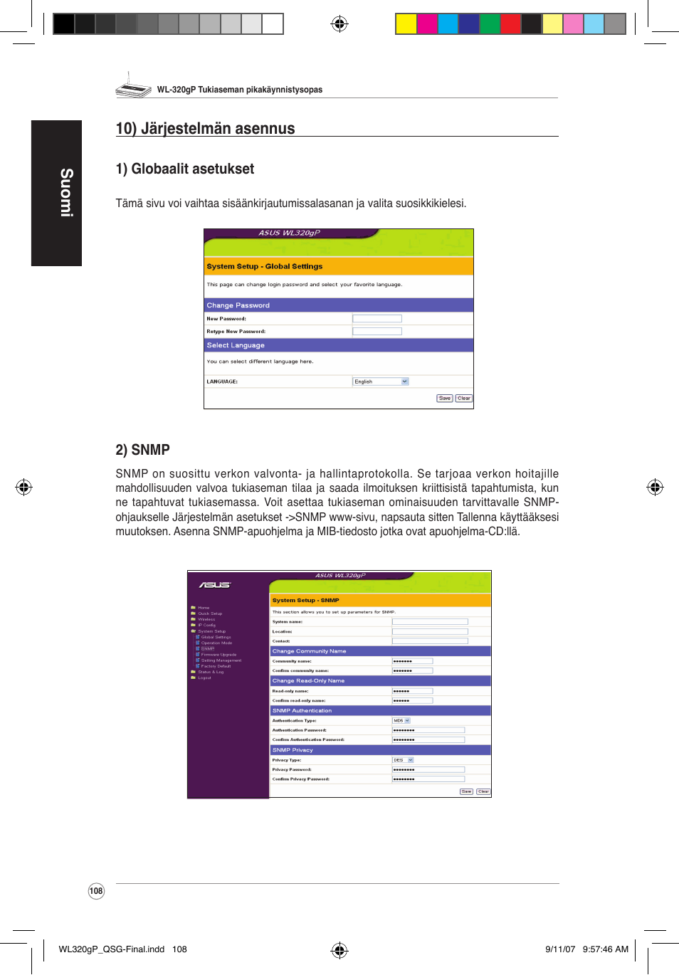 Suomi 10) järjestelmän asennus, 1) globaalit asetukset, 2) snmp | Asus WL-320gP User Manual | Page 109 / 361