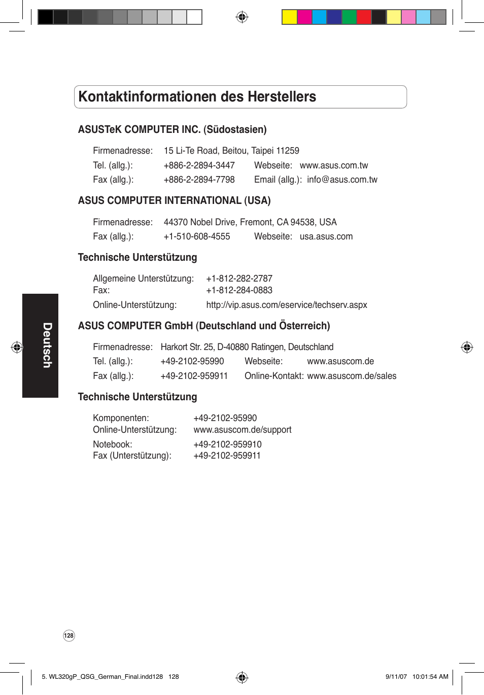 Kontaktinformationen des herstellers, Deutsch | Asus WL-320gP User Manual | Page 129 / 361