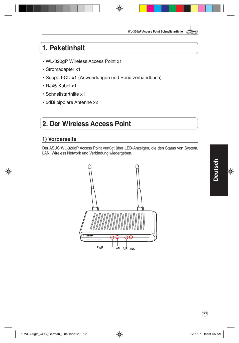 Der wireless access point 1. paketinhalt, Deutsch 1) vorderseite | Asus WL-320gP User Manual | Page 130 / 361