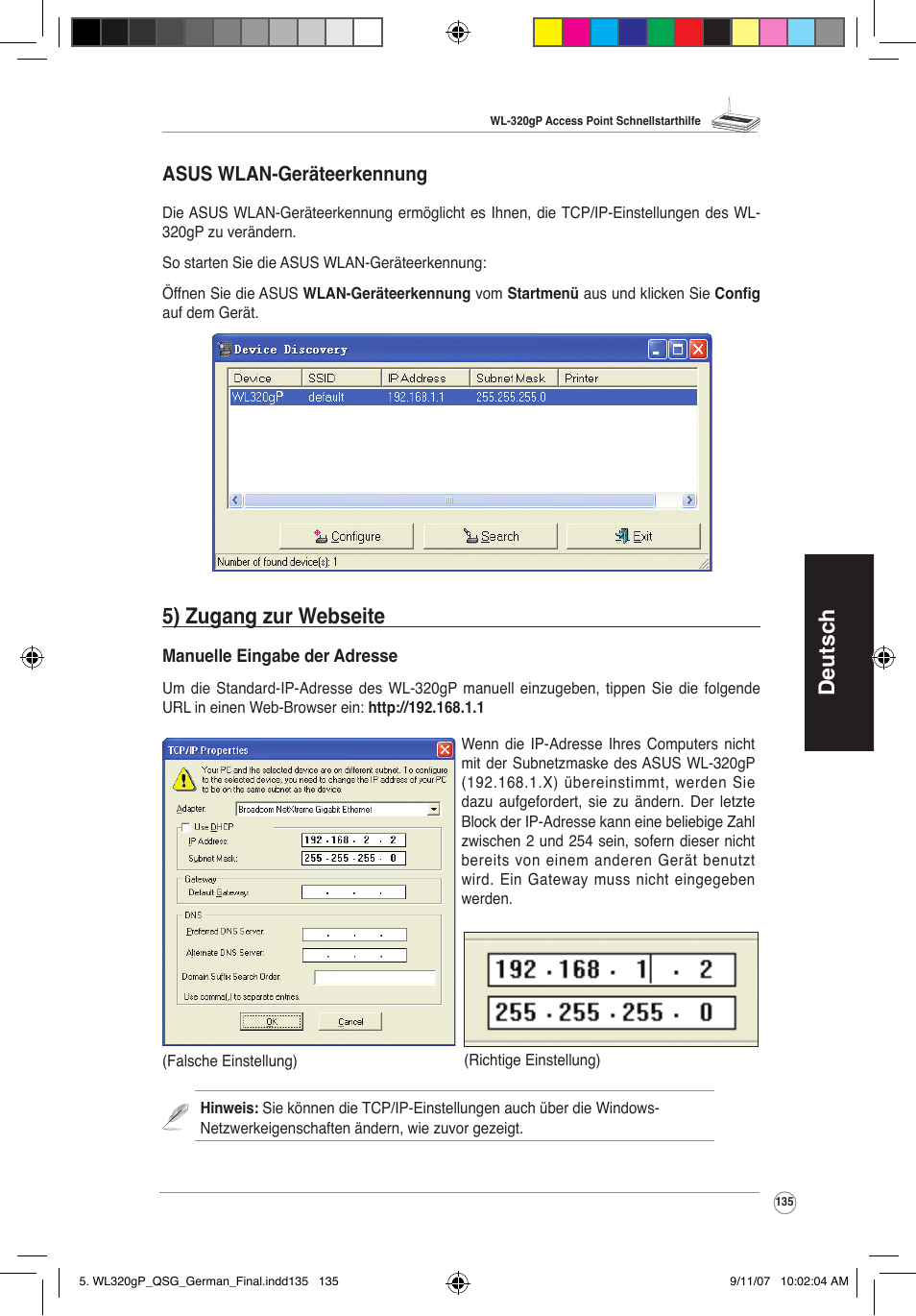 Deutsch, 5) zugang zur webseite, Asus wlan-geräteerkennung | Asus WL-320gP User Manual | Page 136 / 361