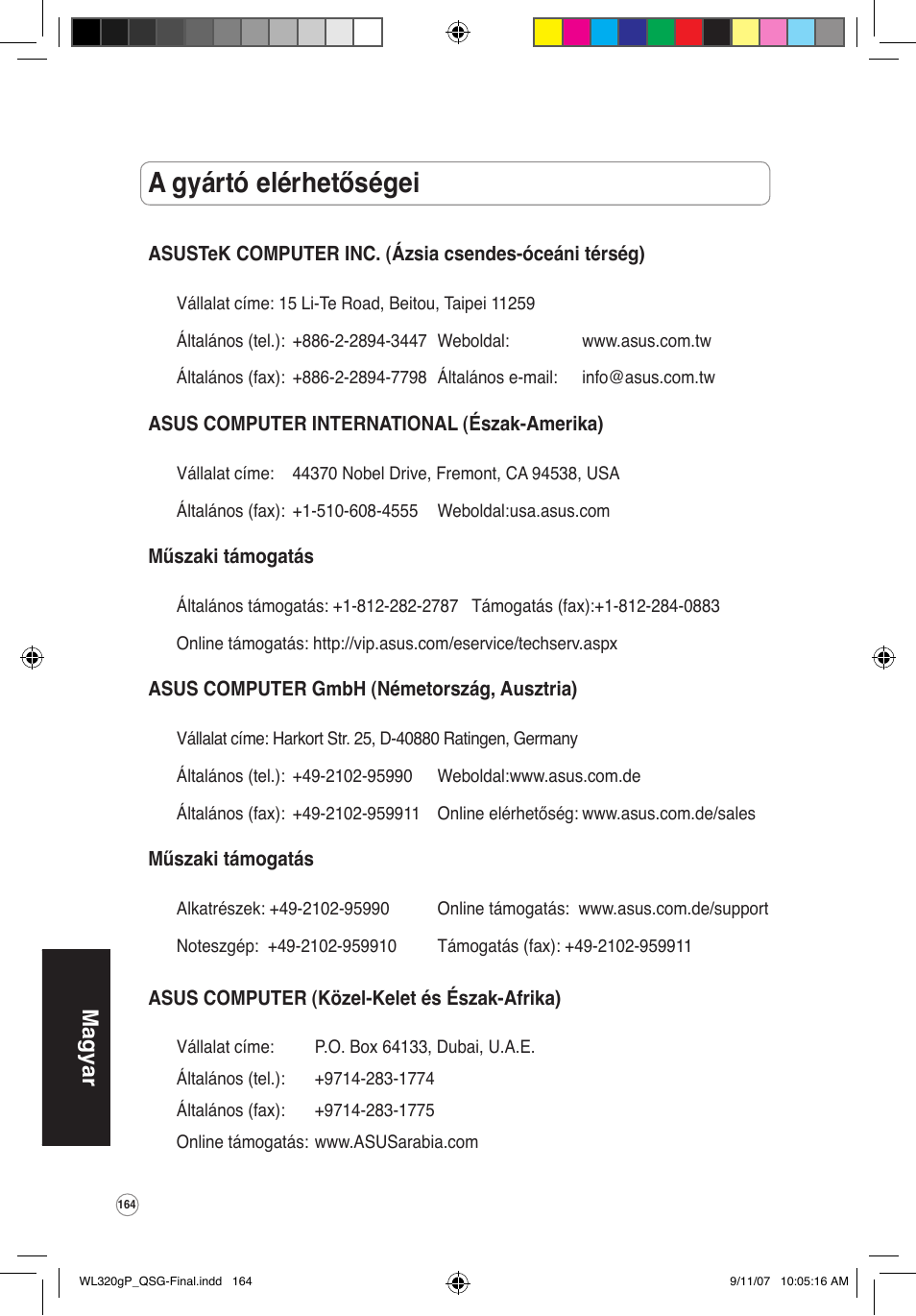 A gyártó elérhetőségei, Magyar | Asus WL-320gP User Manual | Page 165 / 361