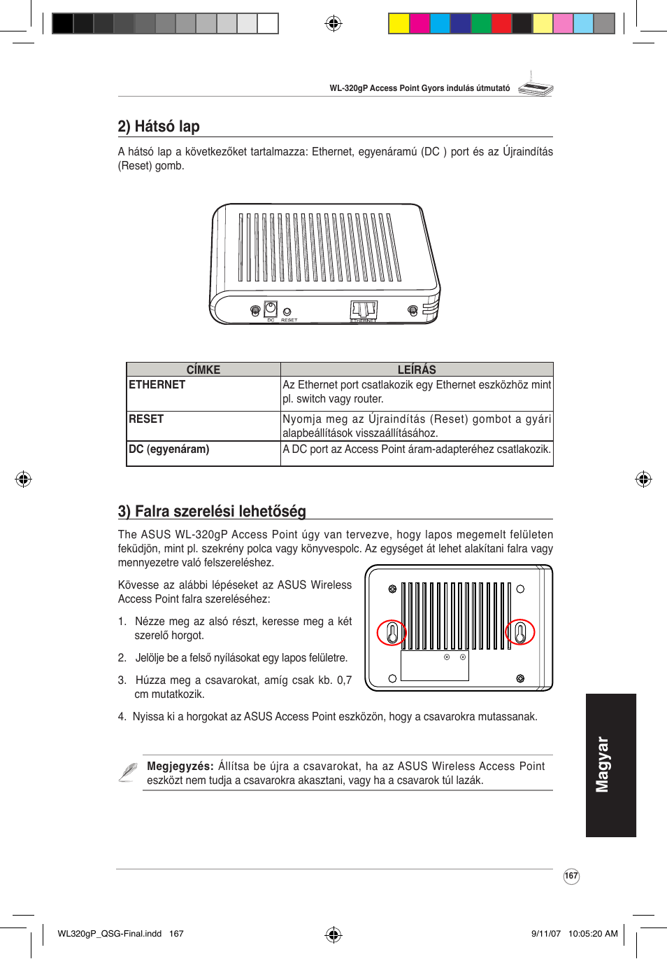 Magyar 3) falra szerelési lehetőség, 2) hátsó lap | Asus WL-320gP User Manual | Page 168 / 361