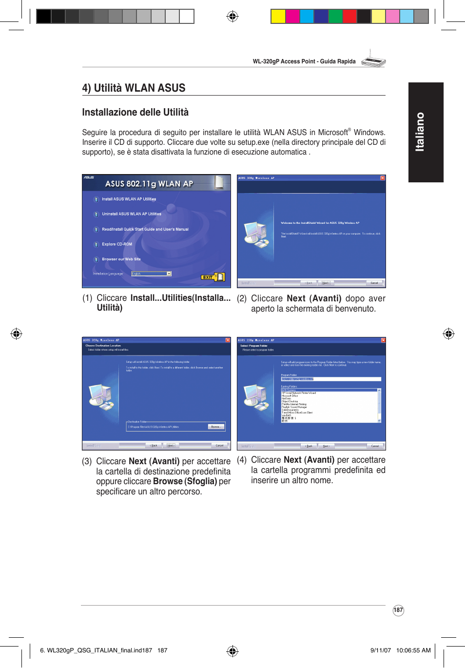 Italiano 4) utilità wlan asus | Asus WL-320gP User Manual | Page 188 / 361