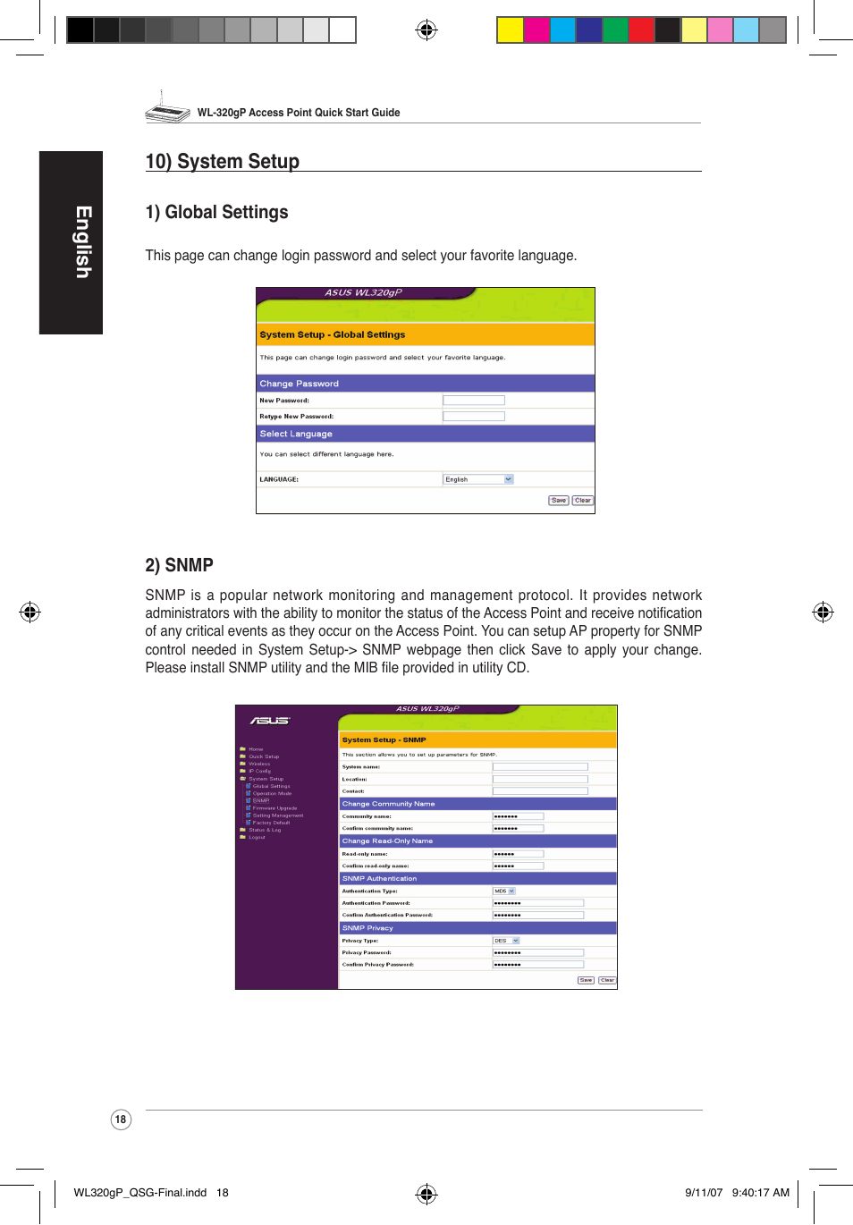 English 10) system setup, 1) global settings, 2) snmp | Asus WL-320gP User Manual | Page 19 / 361