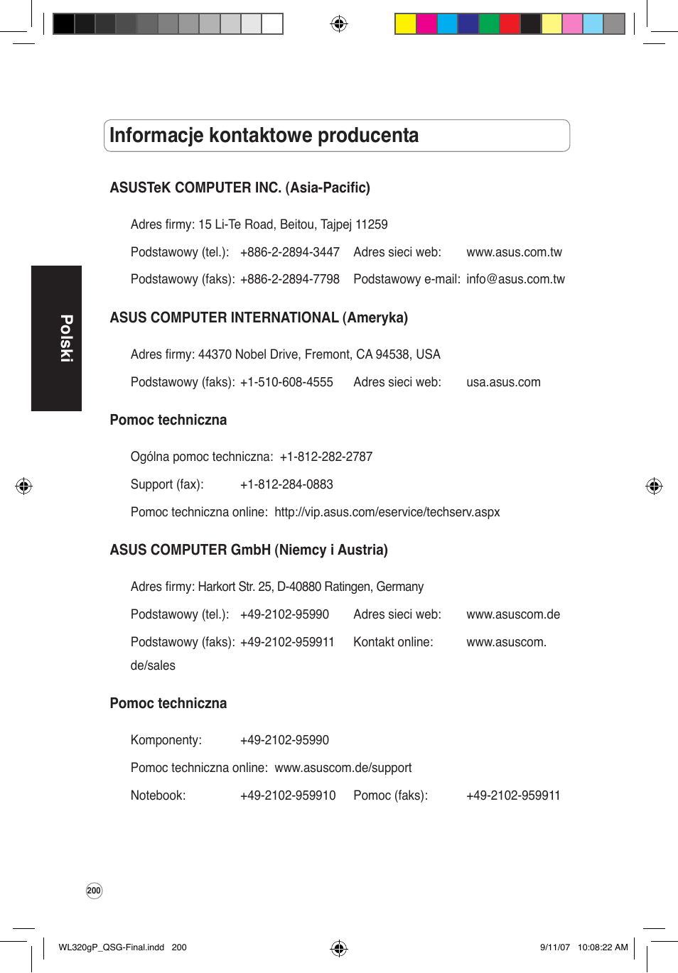 Informacje kontaktowe producenta, Polski | Asus WL-320gP User Manual | Page 201 / 361