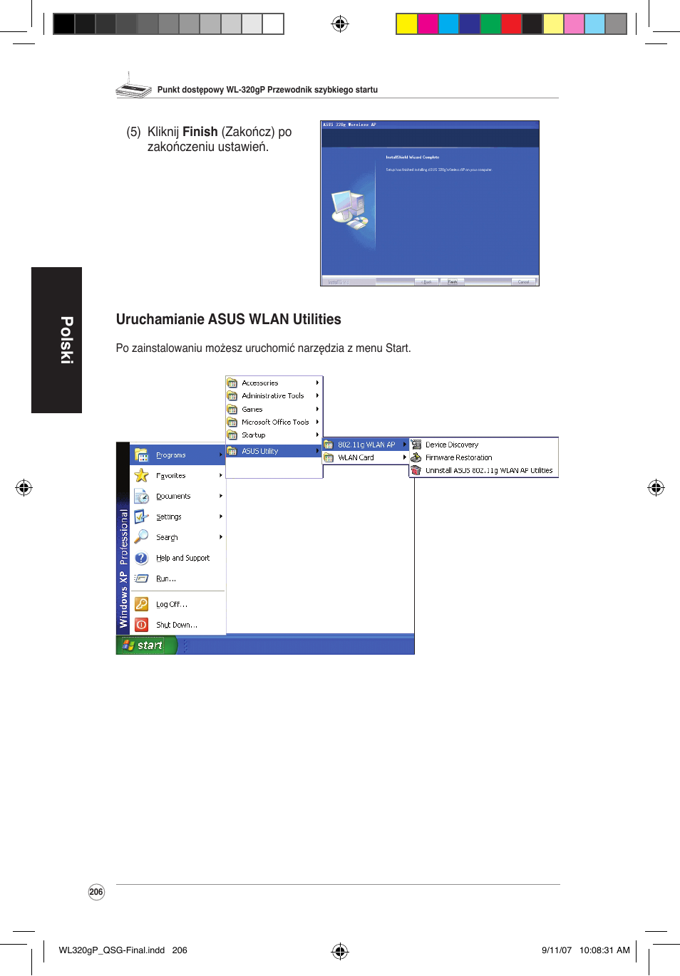 Polski, Uruchamianie asus wlan utilities | Asus WL-320gP User Manual | Page 207 / 361