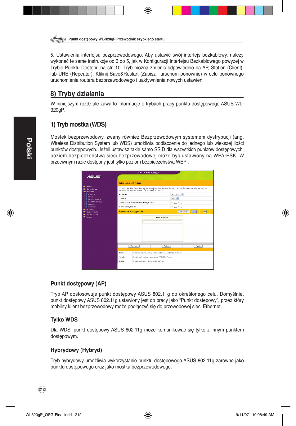 Polski, 8) tryby działania, 1) tryb mostka (wds) | Asus WL-320gP User Manual | Page 213 / 361