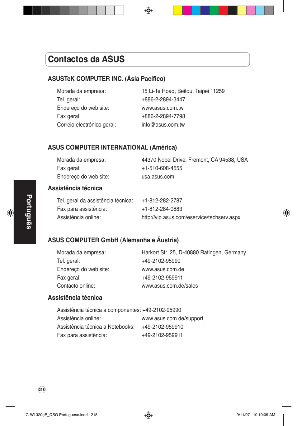 Contactos da asus, Português | Asus WL-320gP User Manual | Page 219 / 361