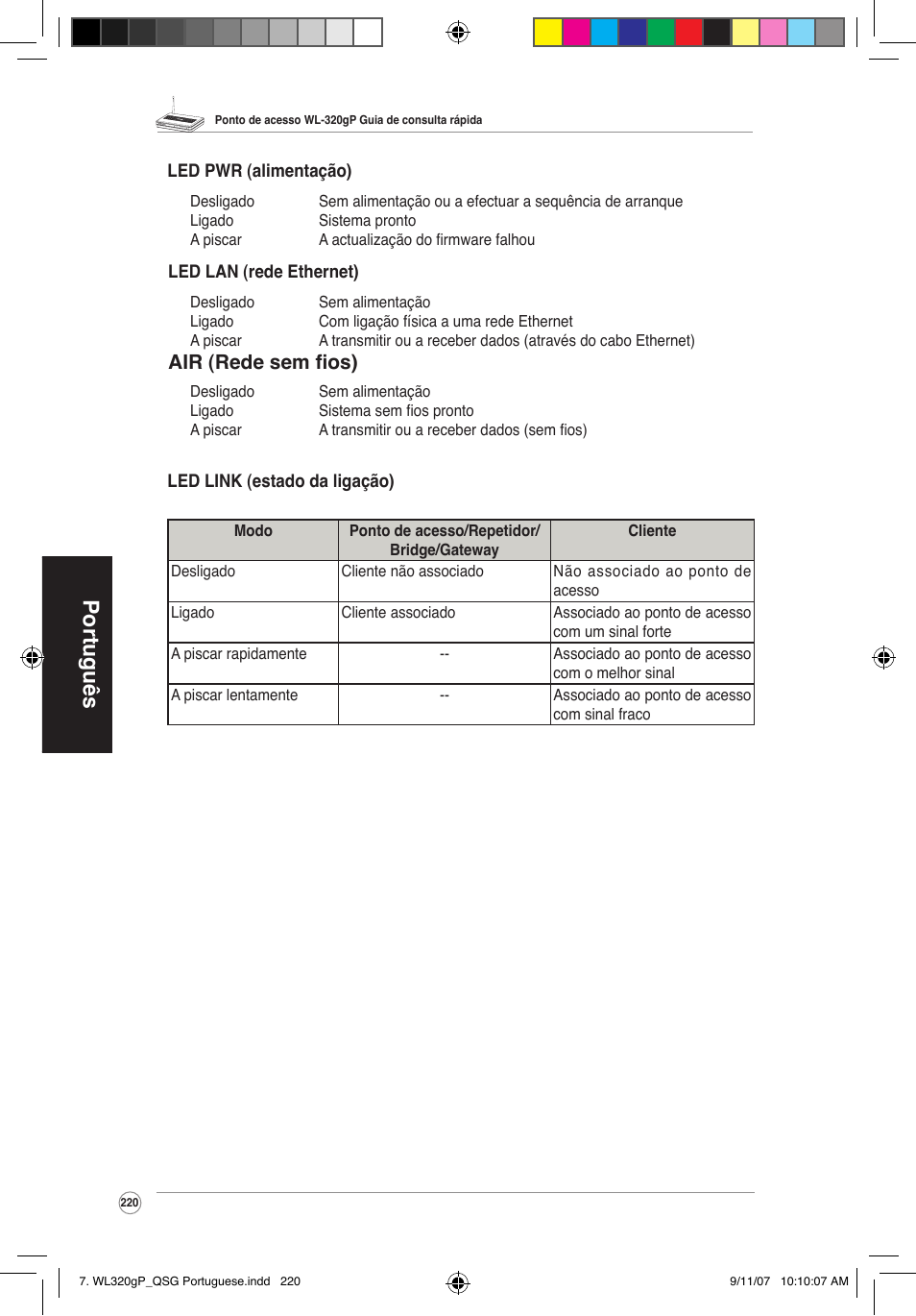 Português, Air (rede sem fios) | Asus WL-320gP User Manual | Page 221 / 361