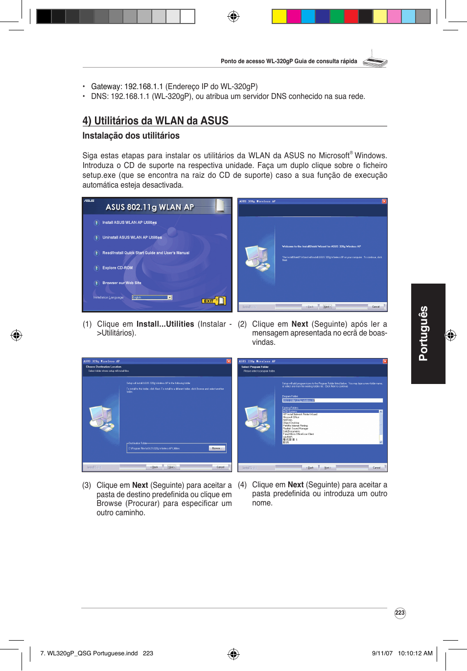 Português, Asus, Utilitários da wlan da | Asus WL-320gP User Manual | Page 224 / 361