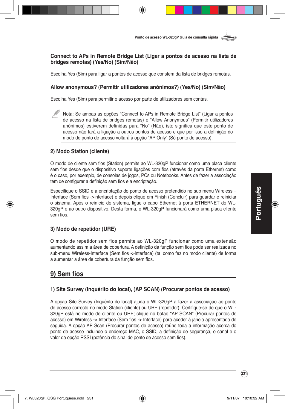 Português, 9) sem fios | Asus WL-320gP User Manual | Page 232 / 361