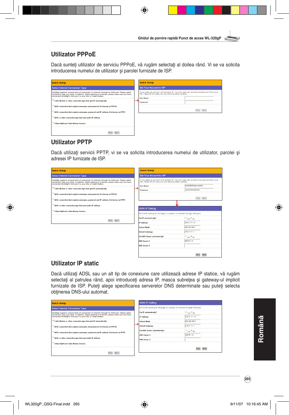 Română, Utilizator pppoe, Utilizator pptp | Utilizator ip static | Asus WL-320gP User Manual | Page 266 / 361