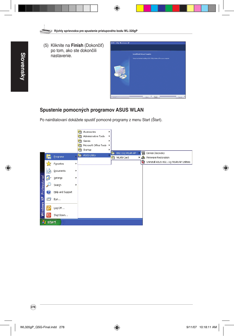 Slovensky, Spustenie pomocných programov asus wlan | Asus WL-320gP User Manual | Page 279 / 361