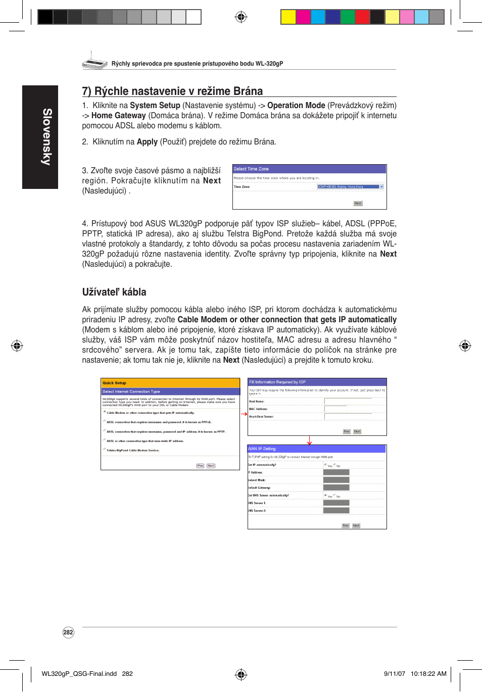 Slovensky 7) rýchle nastavenie v režime brána, Užívateľ kábla | Asus WL-320gP User Manual | Page 283 / 361