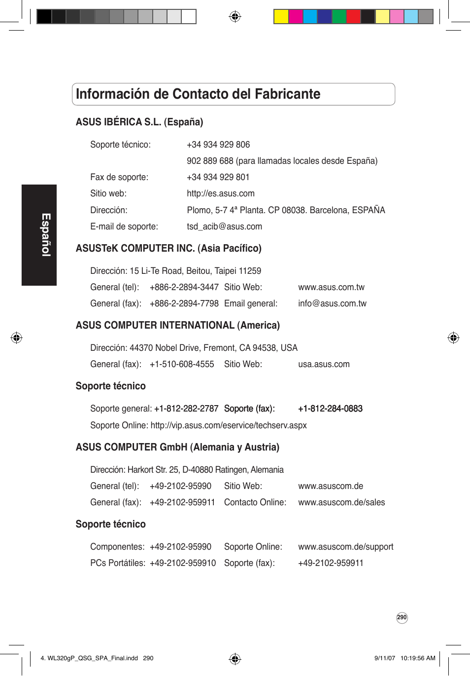 Información de contacto del fabricante, Español | Asus WL-320gP User Manual | Page 291 / 361