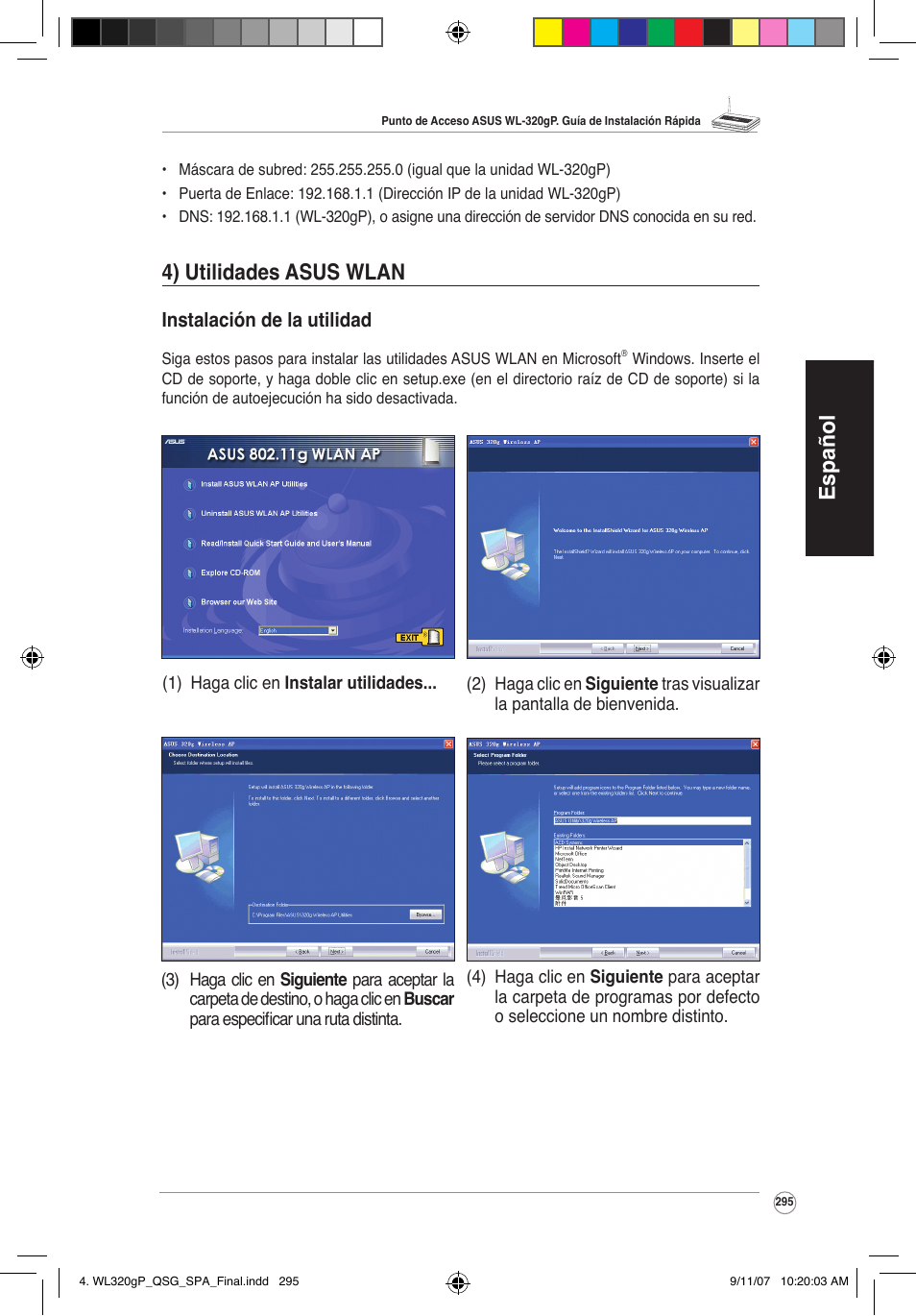 Español, 4) utilidades asus wlan | Asus WL-320gP User Manual | Page 296 / 361