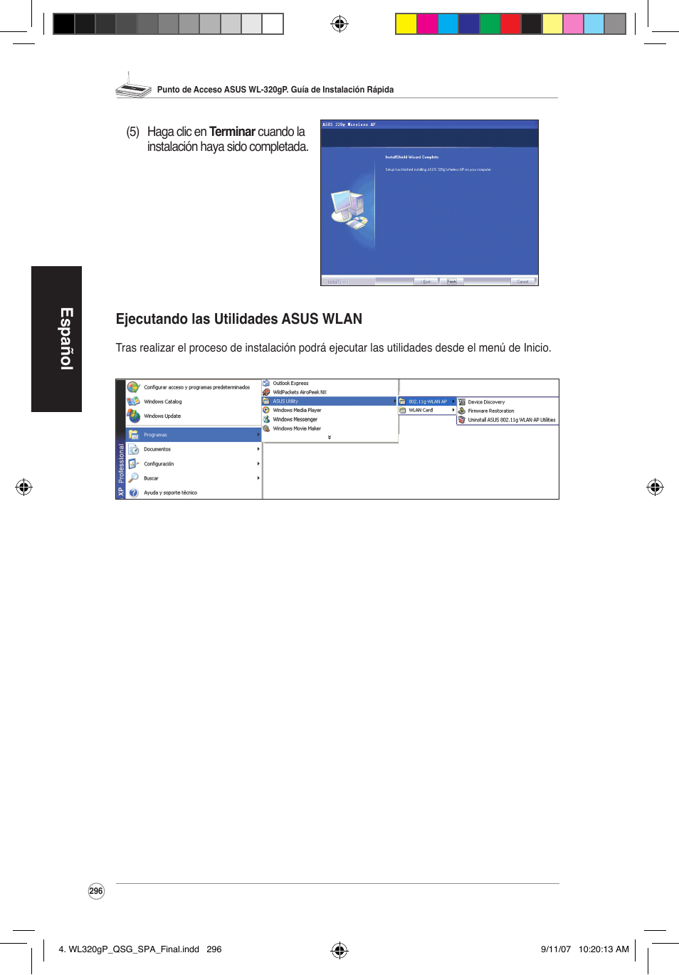 Español, Ejecutando las utilidades asus wlan | Asus WL-320gP User Manual | Page 297 / 361