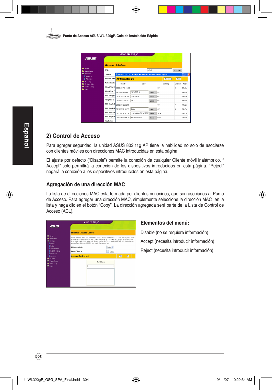 Español, 2) control de acceso | Asus WL-320gP User Manual | Page 305 / 361