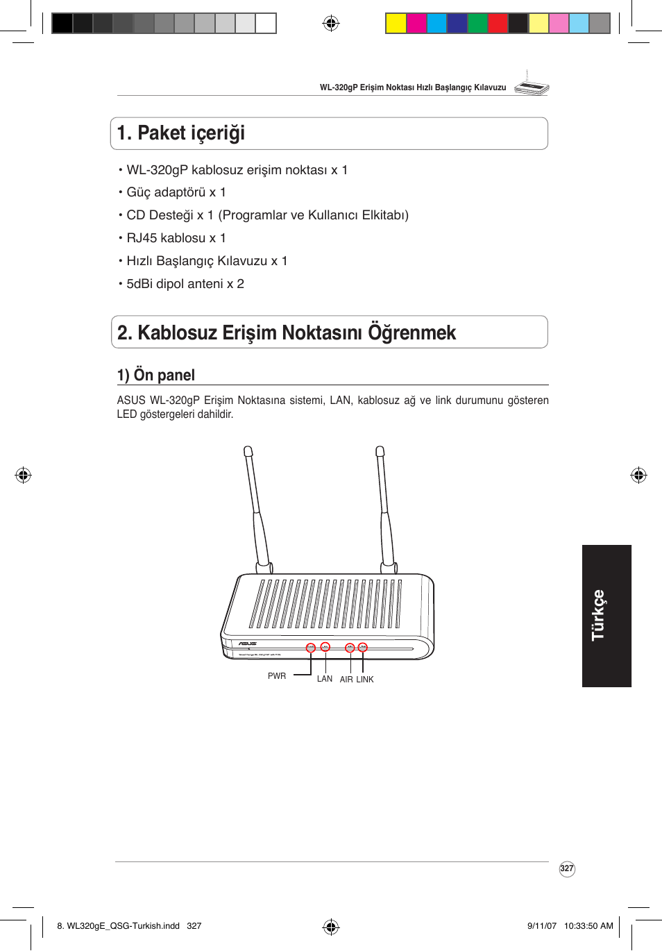 Türkçe 1) ön panel | Asus WL-320gP User Manual | Page 328 / 361