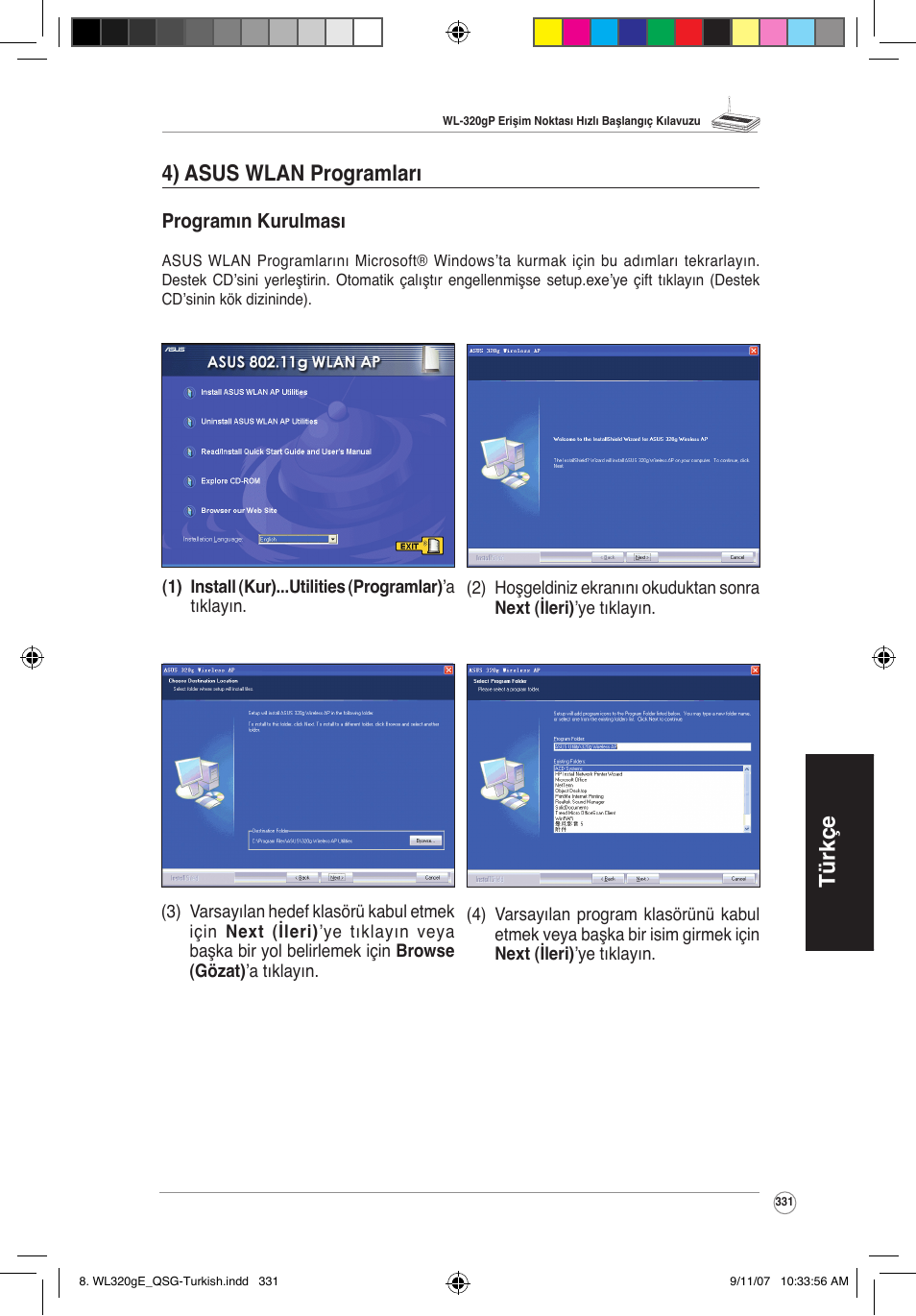 Türkçe 4) asus wlan programları | Asus WL-320gP User Manual | Page 332 / 361