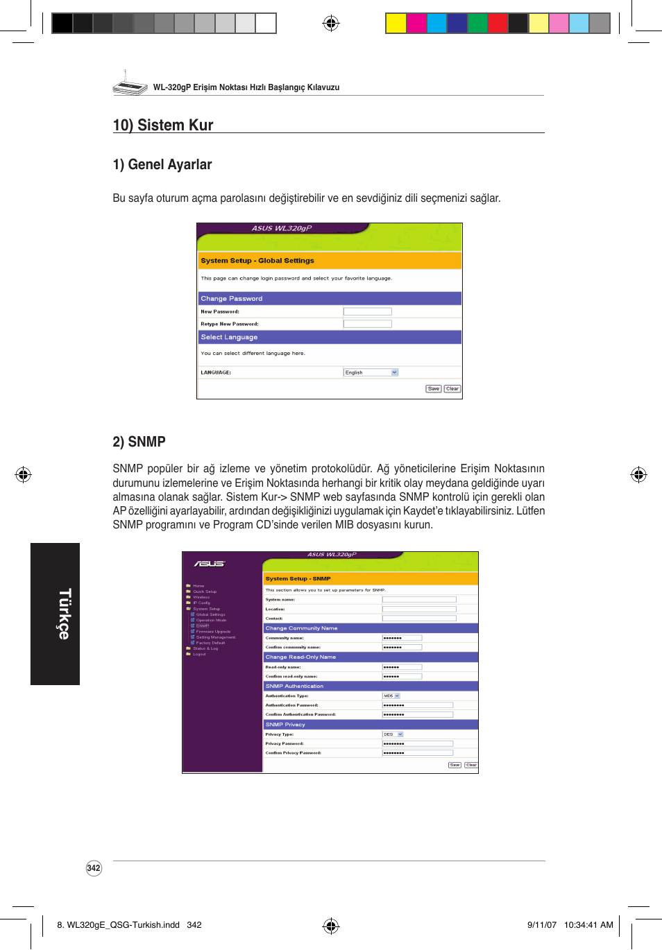 Türkçe 10) sistem kur, 1) genel ayarlar, 2) snmp | Asus WL-320gP User Manual | Page 343 / 361