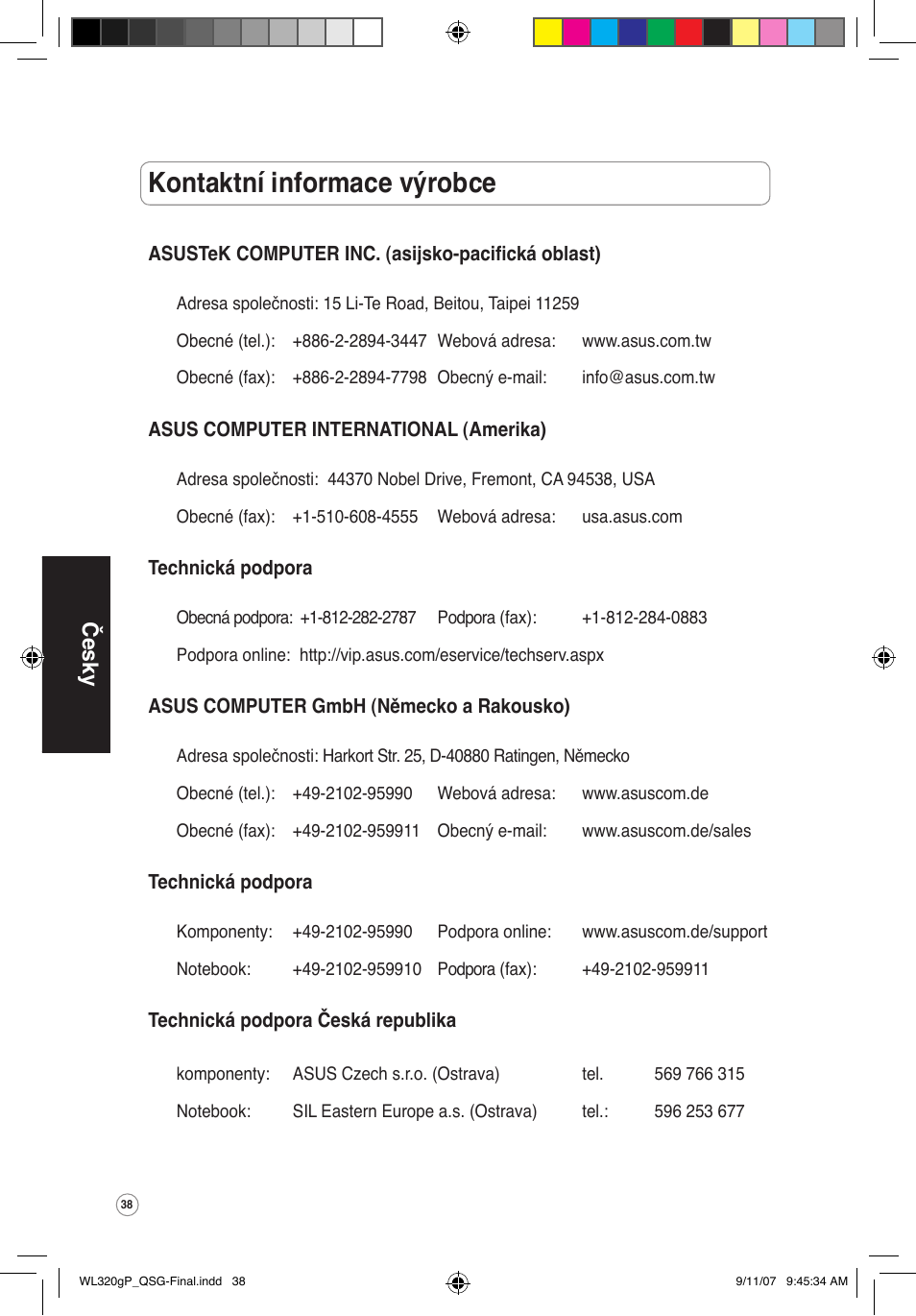 Kontaktní informace výrobce, Česky | Asus WL-320gP User Manual | Page 39 / 361