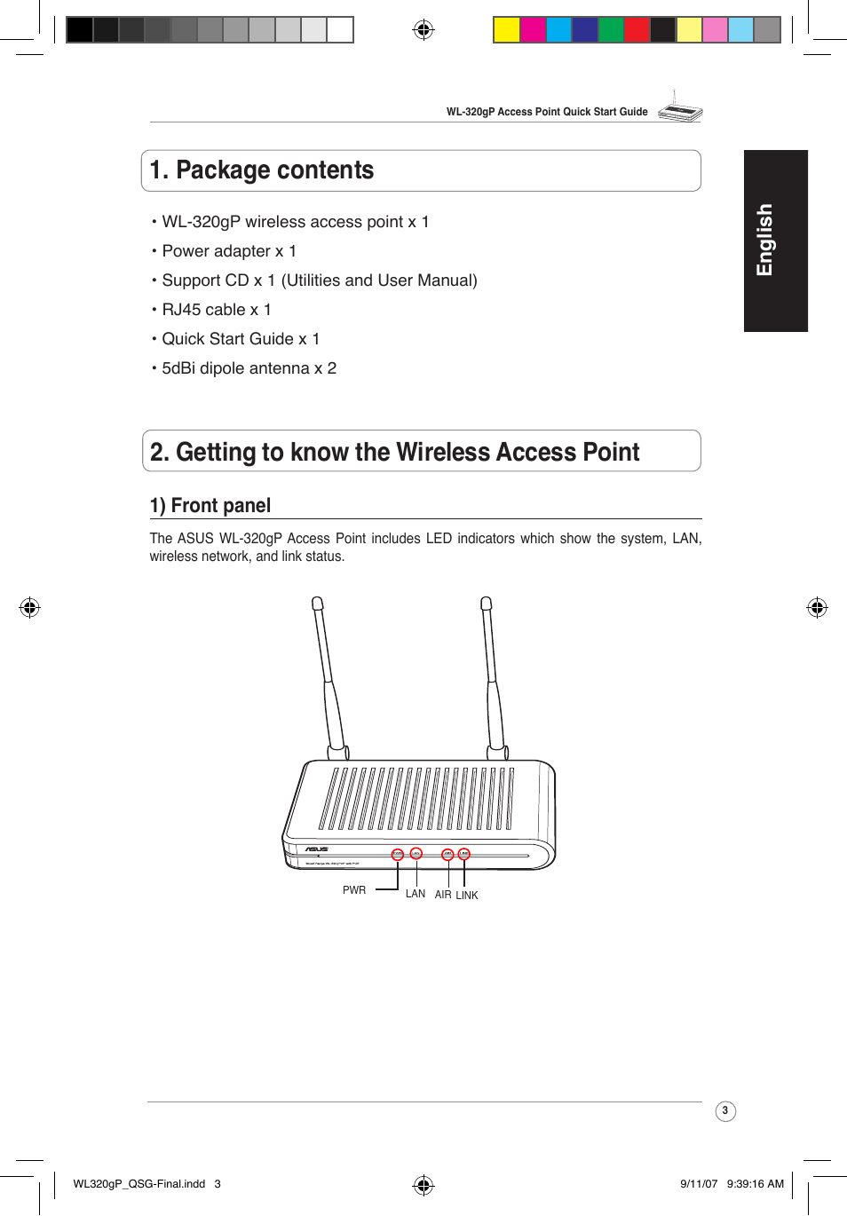 English 1) front panel | Asus WL-320gP User Manual | Page 4 / 361