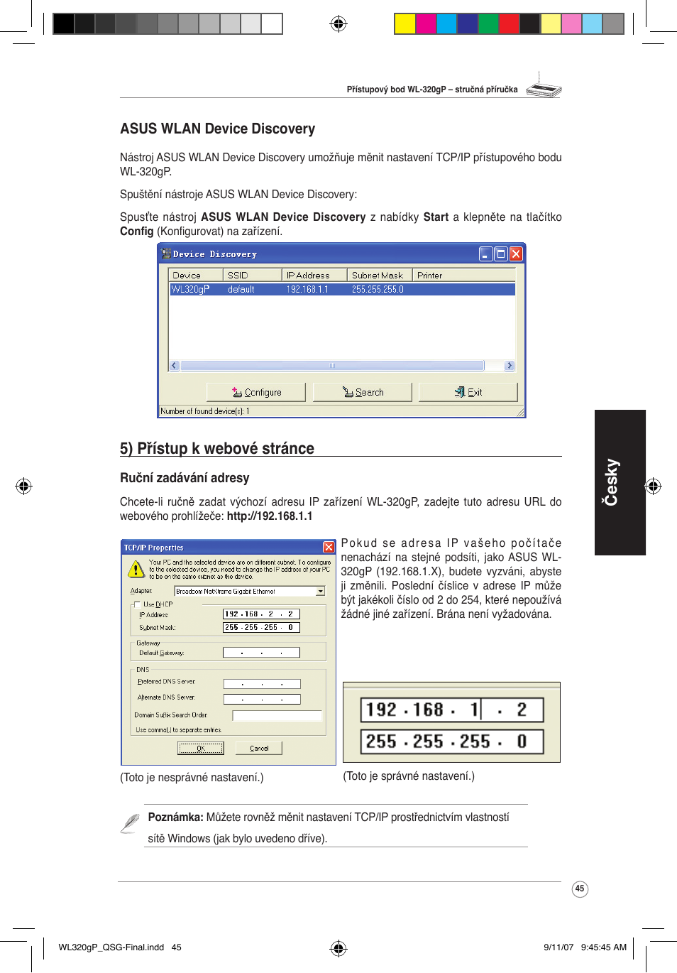 Česky, 5) přístup k webové stránce, Asus wlan device discovery | Asus WL-320gP User Manual | Page 46 / 361