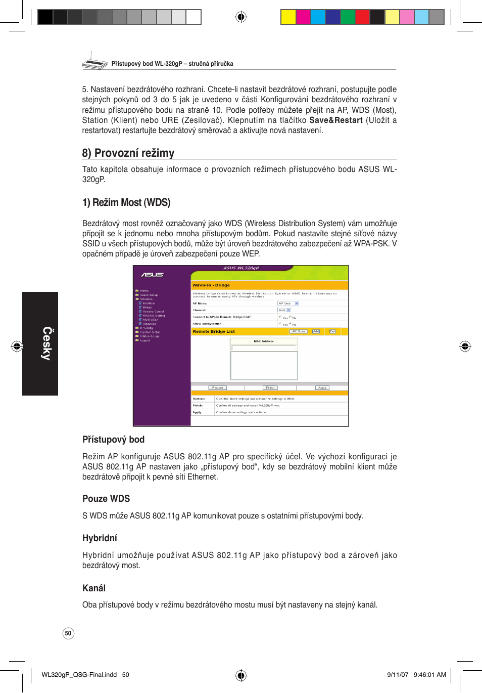 Česky, 8) provozní režimy, 1) režim most (wds) | Asus WL-320gP User Manual | Page 51 / 361