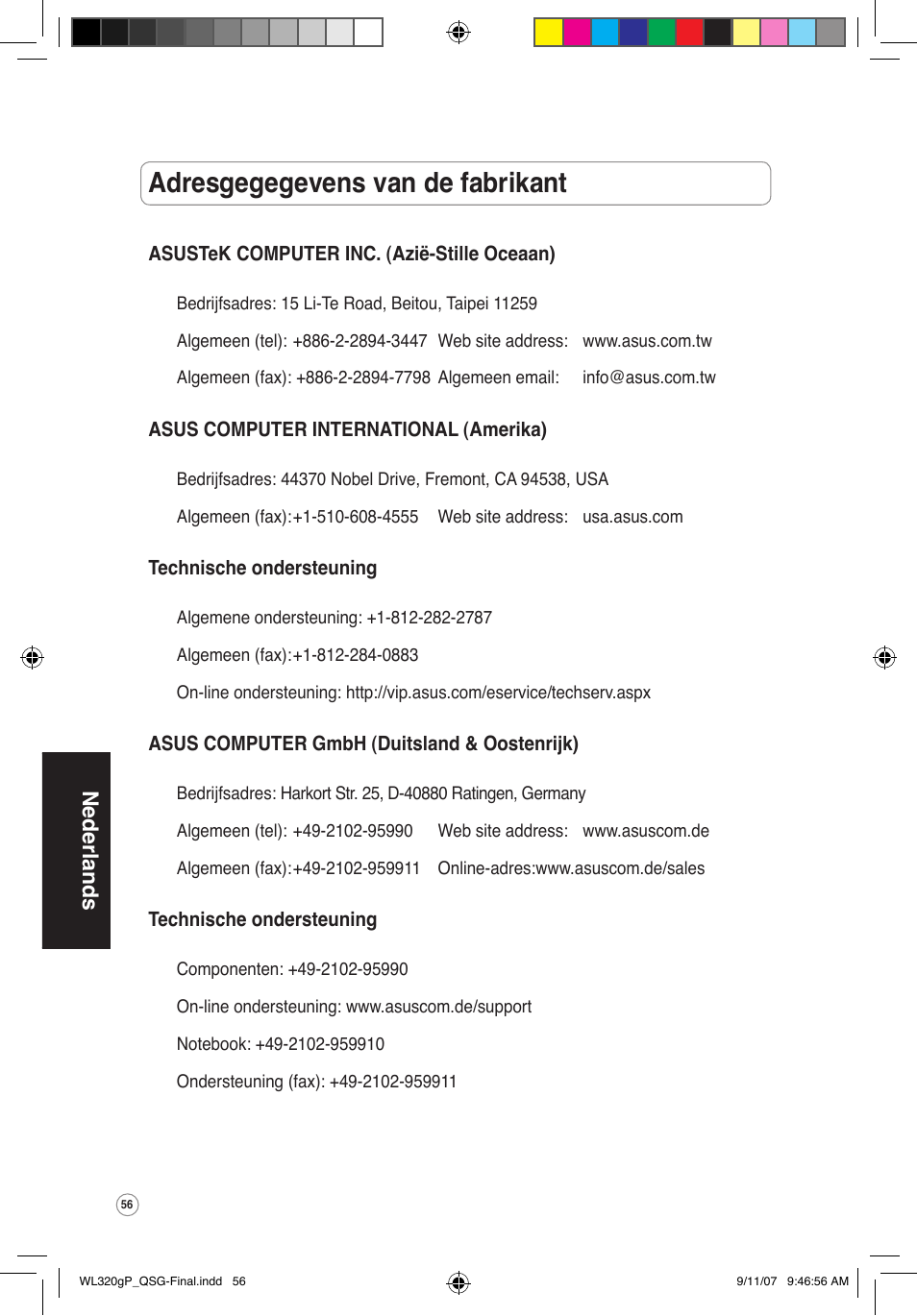 Adresgegegevens van de fabrikant, Nederlands | Asus WL-320gP User Manual | Page 57 / 361