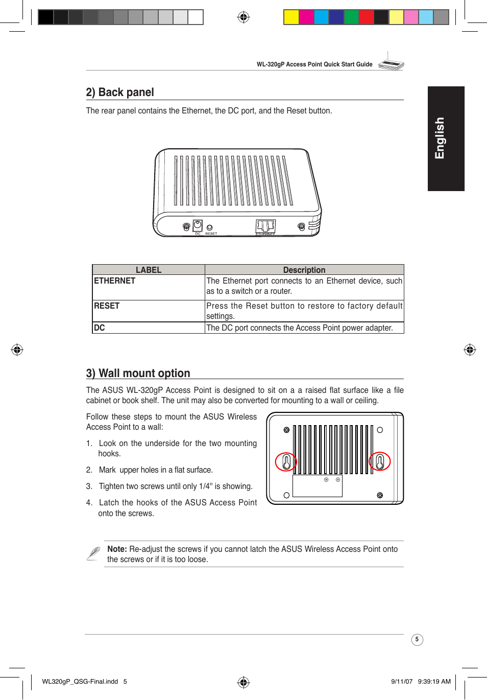 English 3) wall mount option, 2) back panel | Asus WL-320gP User Manual | Page 6 / 361
