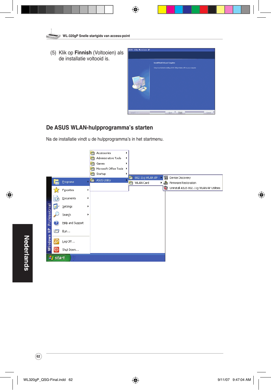 Nederlands, De asus wlan-hulpprogramma’s starten | Asus WL-320gP User Manual | Page 63 / 361