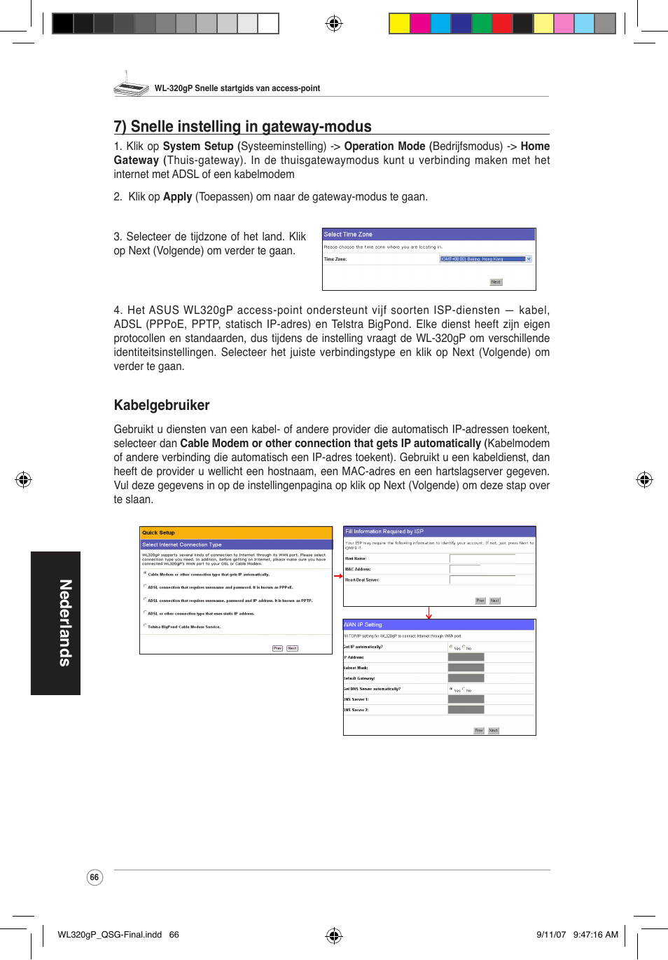 Nederlands 7) snelle instelling in gateway-modus, Kabelgebruiker | Asus WL-320gP User Manual | Page 67 / 361