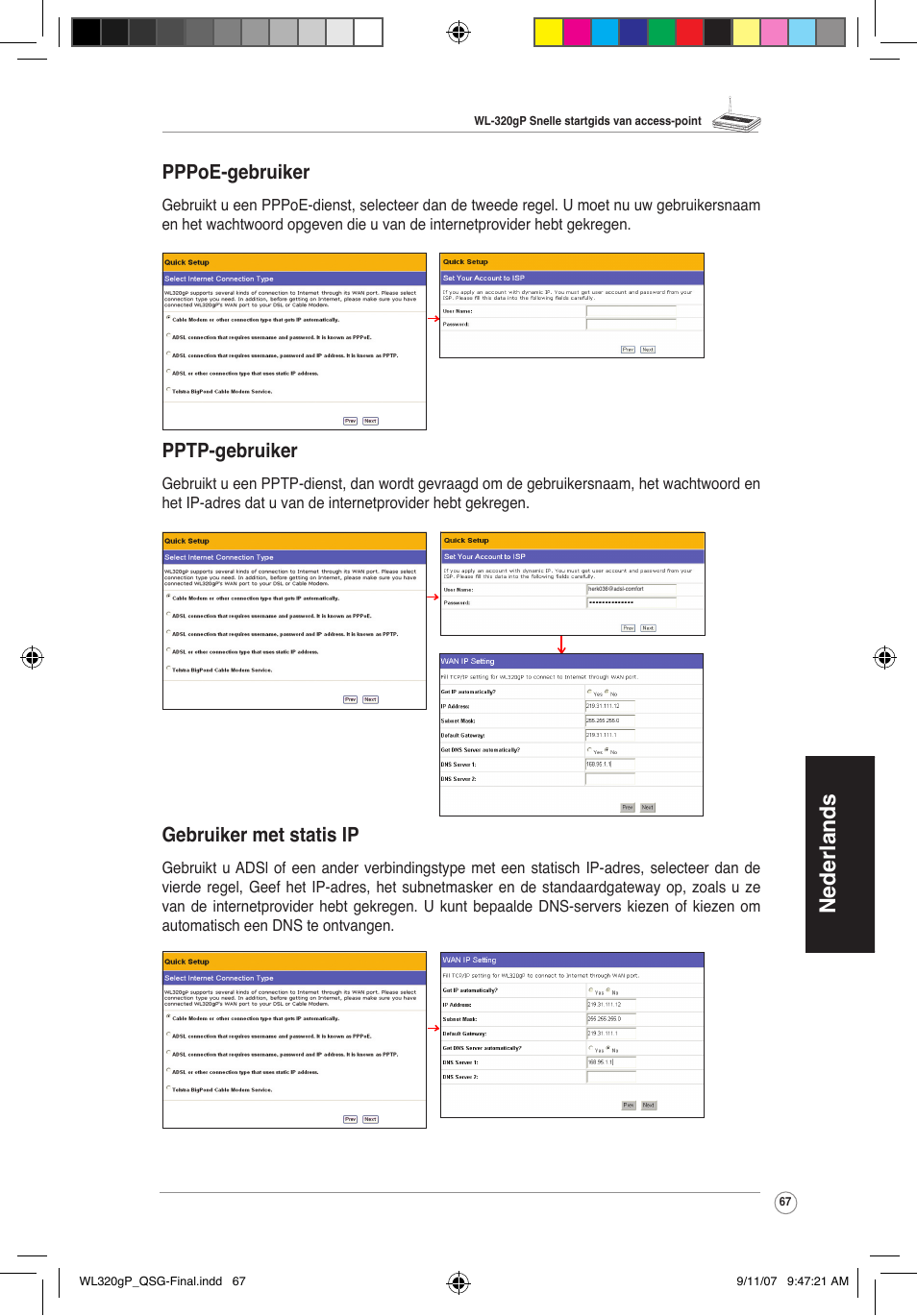 Nederlands, Pppoe-gebruiker, Pptp-gebruiker | Gebruiker met statis ip | Asus WL-320gP User Manual | Page 68 / 361