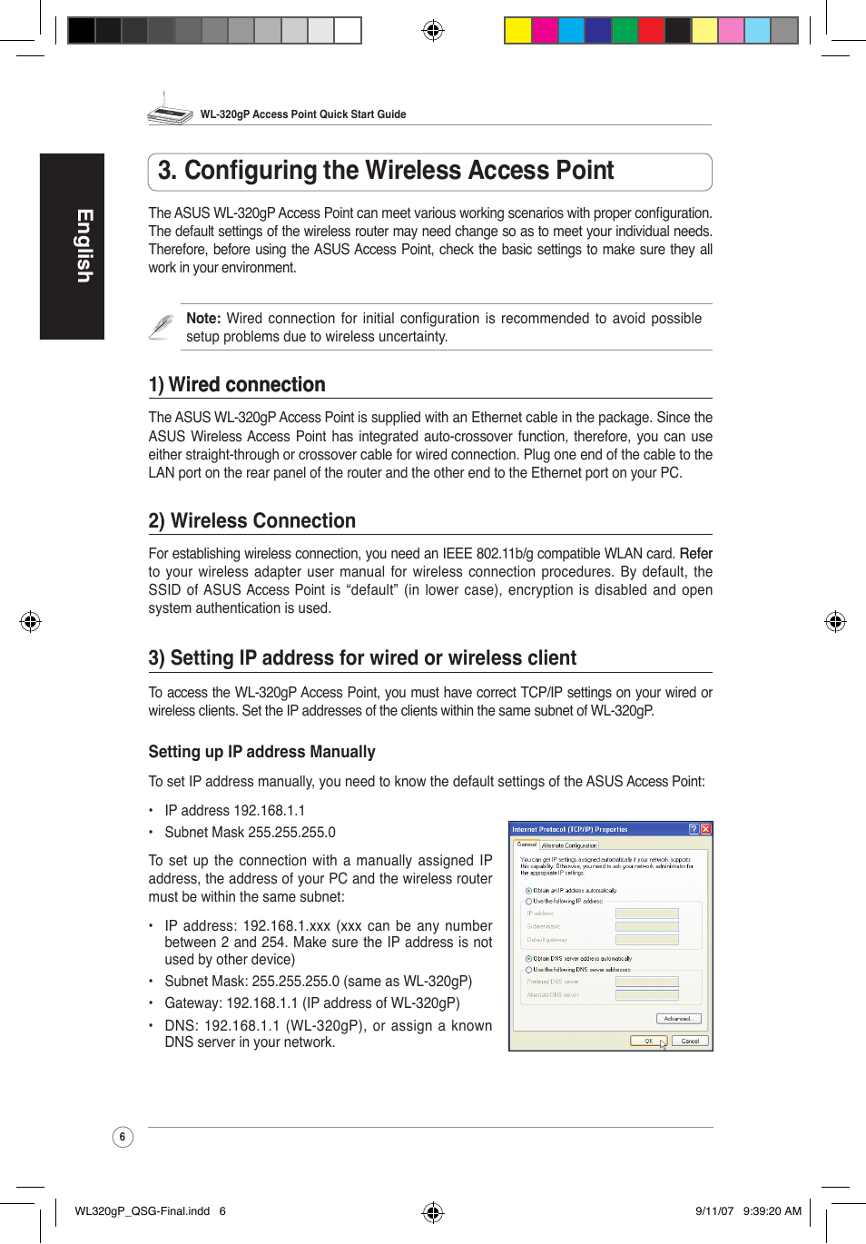 Configuring the wireless access point, English, 1) wire�� connection ired connection | 2) wireless connection | Asus WL-320gP User Manual | Page 7 / 361