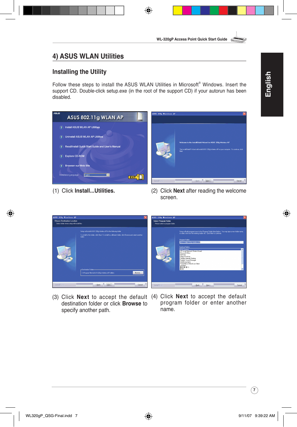 English 4) asus wlan utilities | Asus WL-320gP User Manual | Page 8 / 361