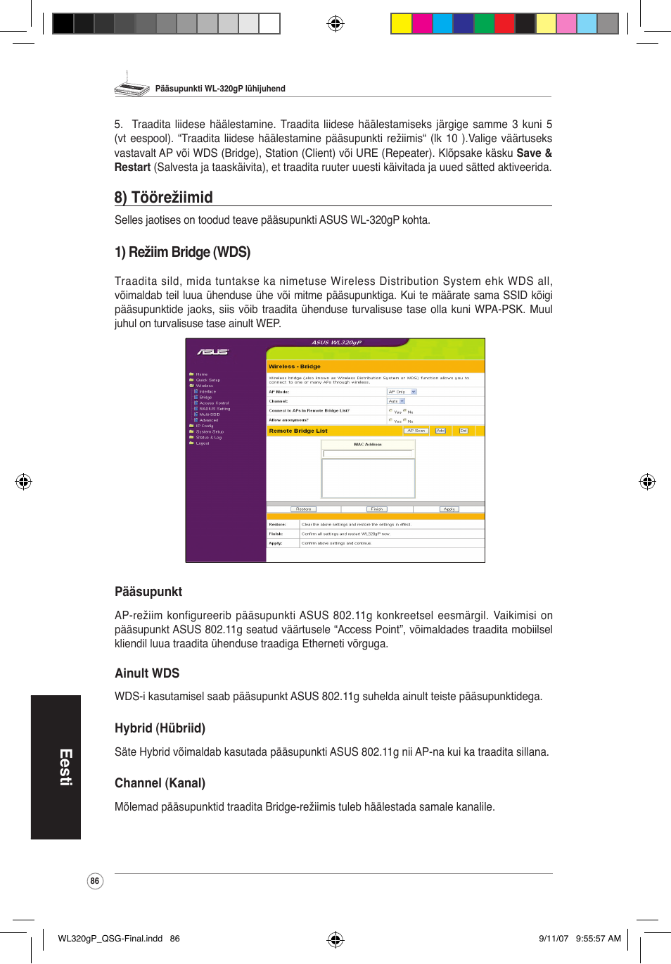 Eesti, 8) töörežiimid, 1) režiim bridge (wds) | Asus WL-320gP User Manual | Page 87 / 361