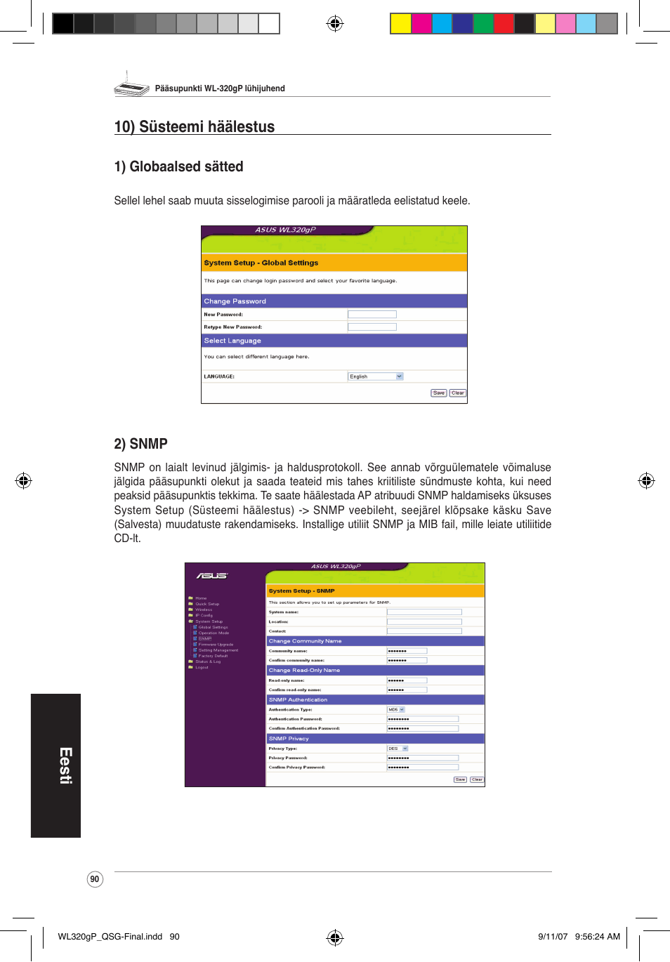 Eesti 10) süsteemi häälestus, 1) globaalsed sätted, 2) snmp | Asus WL-320gP User Manual | Page 91 / 361