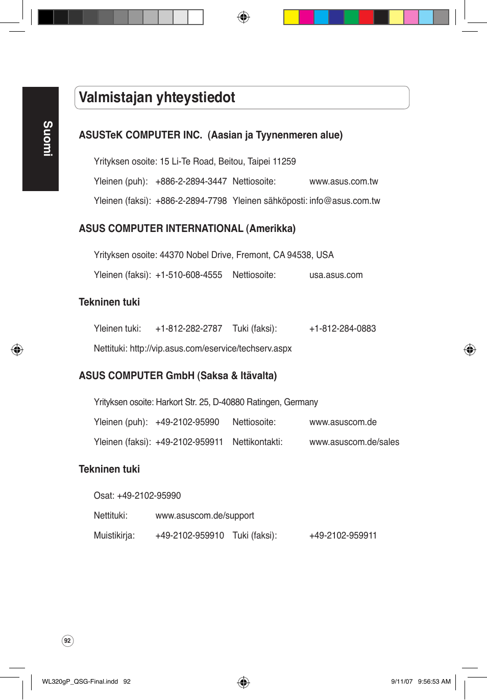 Valmistajan yhteystiedot, Suomi | Asus WL-320gP User Manual | Page 93 / 361