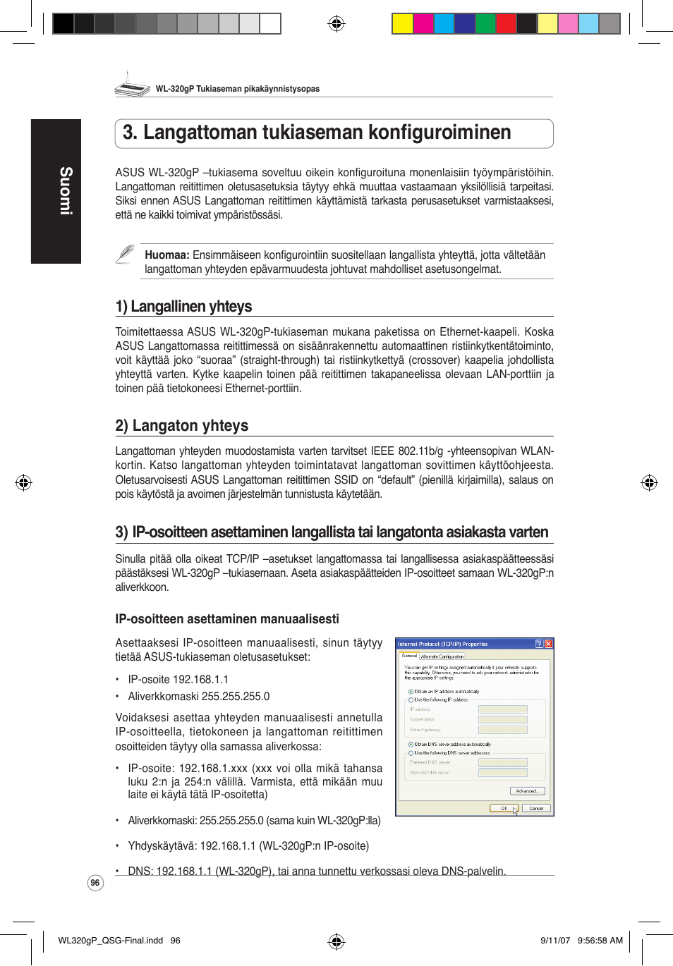 Langattoman tukiaseman konfiguroiminen, Suomi, 1) langallinen yhteys | 2) langaton yhteys | Asus WL-320gP User Manual | Page 97 / 361