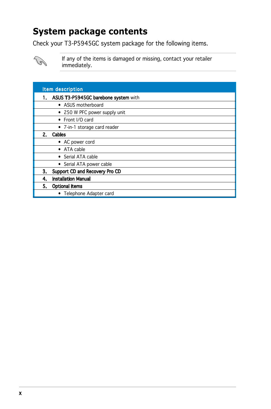 System package contents | Asus T3-P5945GC User Manual | Page 10 / 79