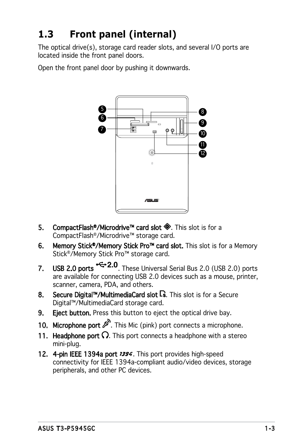 3 front panel (internal) | Asus T3-P5945GC User Manual | Page 13 / 79