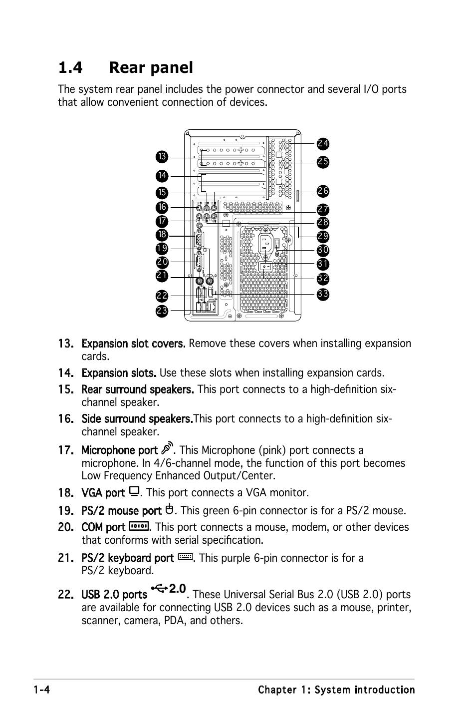 4 rear panel, 4 chapter 1: system introduction | Asus T3-P5945GC User Manual | Page 14 / 79