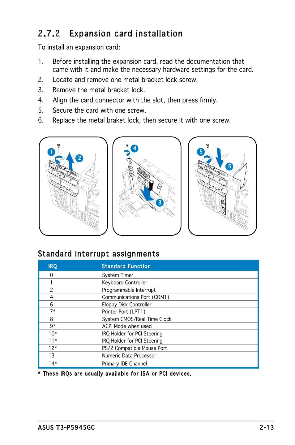 2 expansion card installation, Standard interrupt assignments | Asus T3-P5945GC User Manual | Page 29 / 79