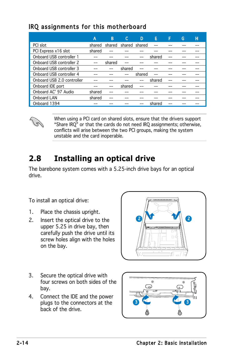 8 installing an optical drive, Irq assignments for this motherboard | Asus T3-P5945GC User Manual | Page 30 / 79