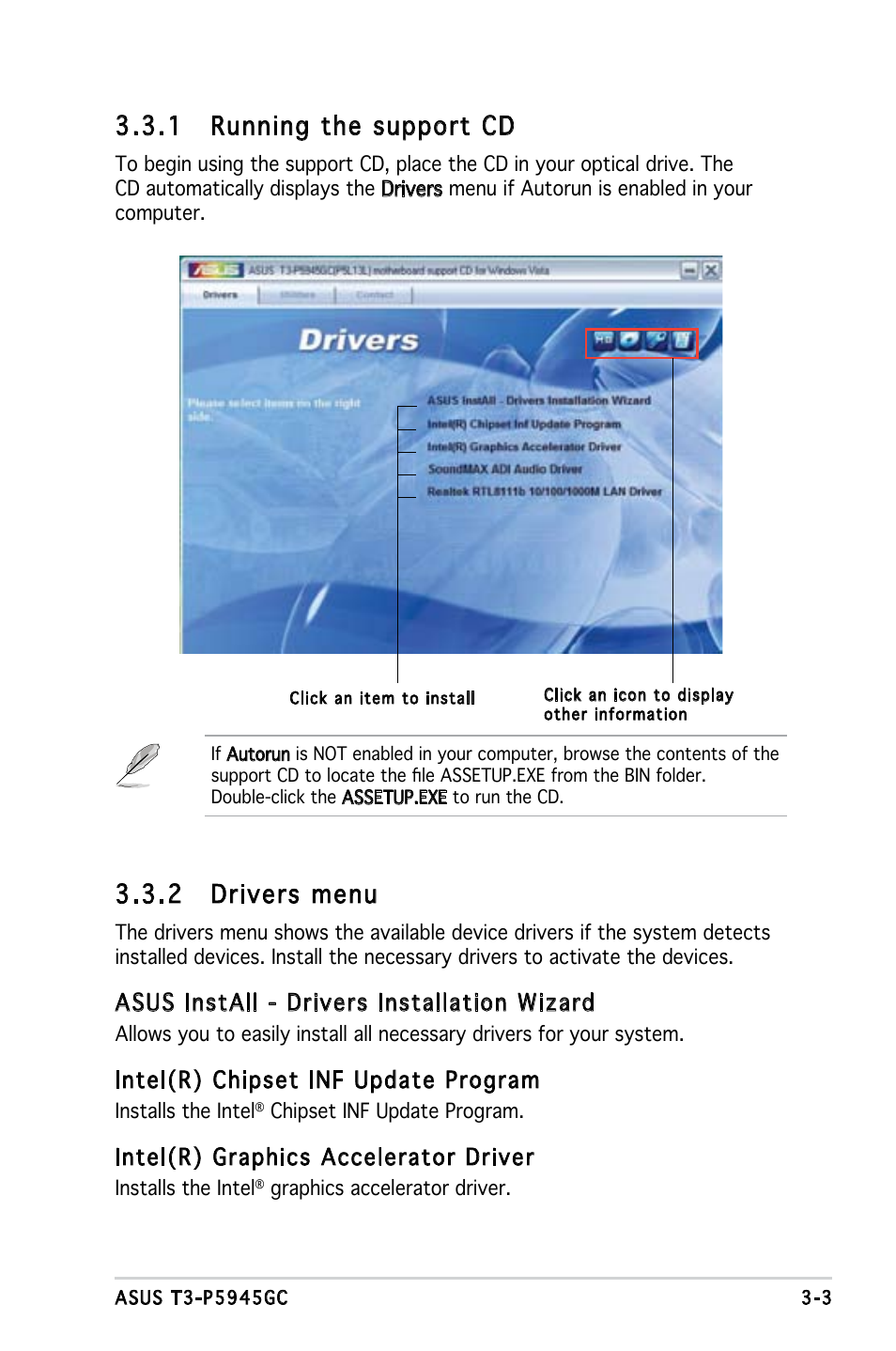 1 running the support cd, 2 drivers menu, Asus install - drivers installation wizard | Intel(r) chipset inf update program, Intel(r) graphics accelerator driver | Asus T3-P5945GC User Manual | Page 36 / 79